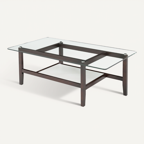 Table Basse Verre Trempé 2 Niveaux, Rectangulaire, Pieds En Bois D'hévéa, 107 X 60 X 42 Cm