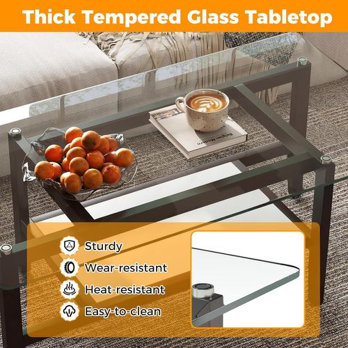Table Basse Verre Trempé 2 Niveaux, Rectangulaire, Pieds En Bois D'hévéa, 107 X 60 X 42 Cm