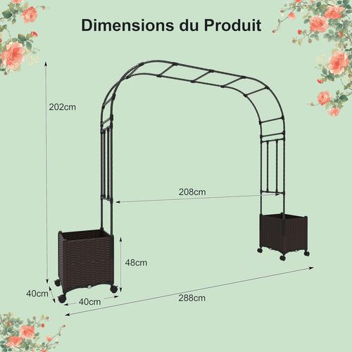 Arche De Jardin 288 Cm Avec 2 Bacs Jardinière Et Treillis, Pergola Extérieur