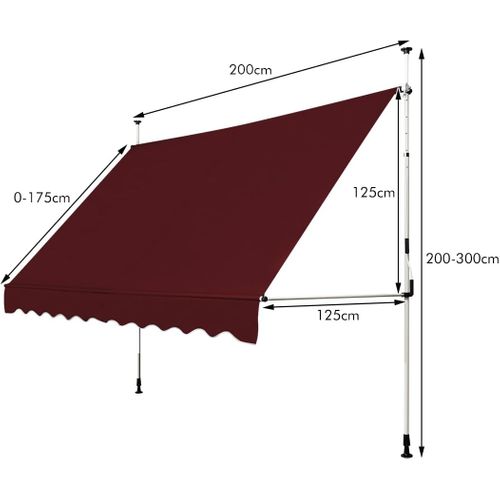 Store Banne Manuel Rétractable De 2 X 1,25m Avec Manivelle Hauteur Réglable 200-300cm (rouge)