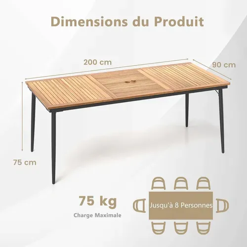 Table De Jardin 200 Cm Pour 8 Personnes, Table Exterieur Avec Trou De Parasol Dia.5 Cm