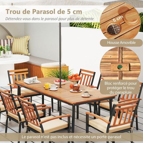 Table De Jardin 200 Cm Pour 8 Personnes, Table Exterieur Avec Trou De Parasol Dia.5 Cm