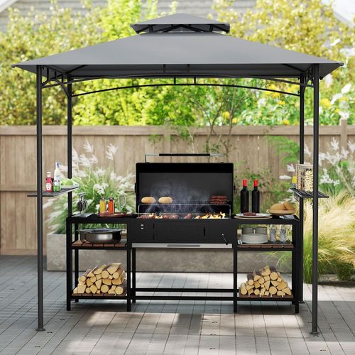 Tonnelle De Barbecue 242 X 150 Cm Avec 2 Etagères Latérales, Abri Barbecue à Deux Niveaux (gris)