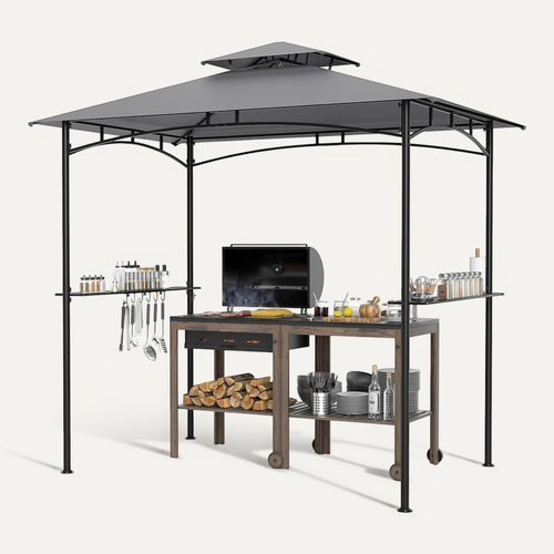 Tonnelle De Barbecue 242 X 150 Cm Avec 2 Etagères Latérales, Abri Barbecue à Deux Niveaux (gris)