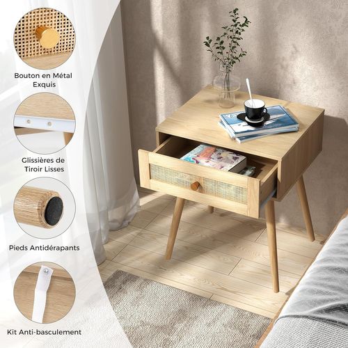 Table de chevet KIRAN 1 tiroir, table de nuit design vintage en bois