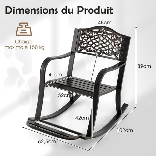 Fauteuil à Bascule Exterieur En Aluminium Coulé, Chaise à Bascule, Charge 150kg, 102x62,5x89 Cm