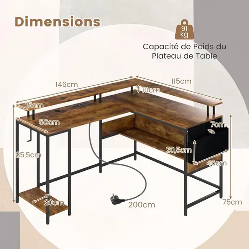 Bureau Gaming En Forme De L Avec Lumières LED Et Multiprise, Bureau D'ordinateur,marron Rustique