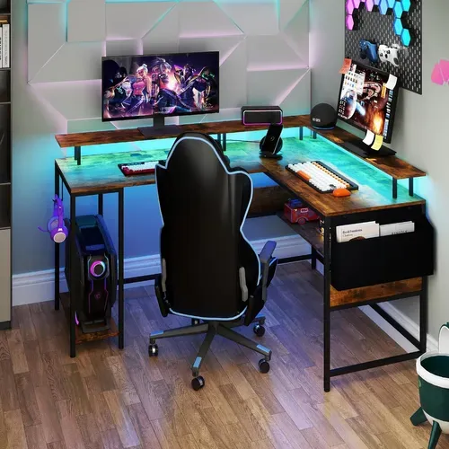 Bureau Gaming En Forme De L Avec Lumières LED Et Multiprise, Bureau D'ordinateur,marron Rustique