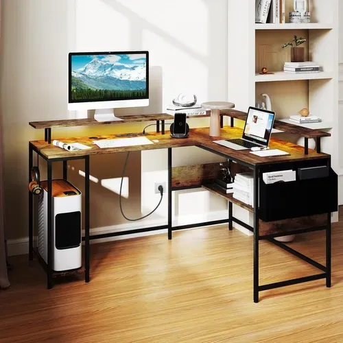 Bureau Gaming En Forme De L Avec Lumières LED Et Multiprise, Bureau D'ordinateur,marron Rustique
