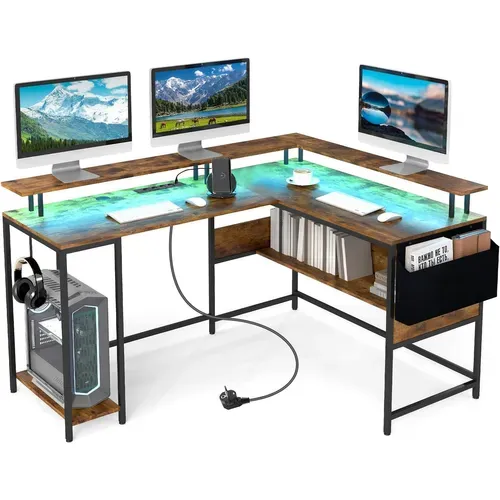 Bureau Gaming En Forme De L Avec Lumières LED Et Multiprise, Bureau D'ordinateur,marron Rustique