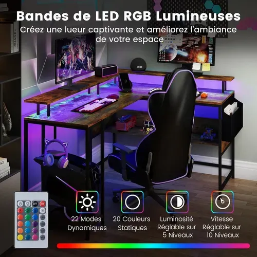 Bureau Gaming En Forme De L Avec Lumières LED Et Multiprise, Bureau D'ordinateur,marron Rustique