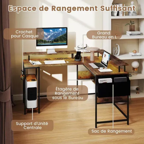 Bureau Gaming En Forme De L Avec Lumières LED Et Multiprise, Bureau D'ordinateur,marron Rustique