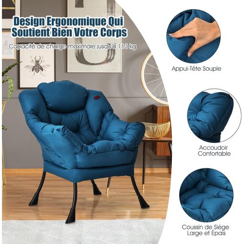 Fauteuil Salon Scandinave Avec Oreiller Et Poche Latérale, Cadre Pour Charger De 114 Kg, Bleu