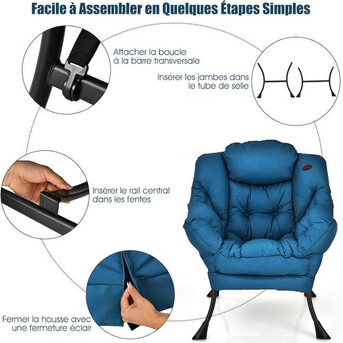 Fauteuil Salon Scandinave Avec Oreiller Et Poche Latérale, Cadre Pour Charger De 114 Kg, Bleu