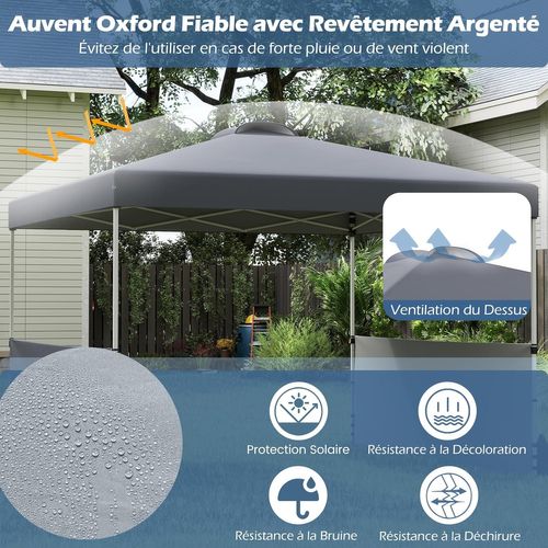 Tonnelle De Pliable 3x3m Avec 2 Demi-murs Latéraux, 8 Piquets 4 Ancrages, Cordes Et Sacs, Gris