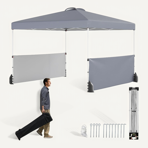 Tonnelle De Pliable 3x3m Avec 2 Demi-murs Latéraux, 8 Piquets 4 Ancrages, Cordes Et Sacs, Gris