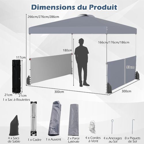 Tonnelle De Pliable 3x3m Avec 2 Demi-murs Latéraux, 8 Piquets 4 Ancrages, Cordes Et Sacs, Gris