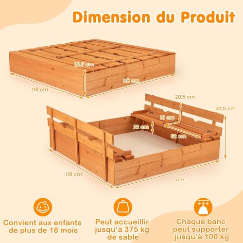 Bac à Sable En Bois COSTWAY Avec 2 Bancs Convertibles, Sans Fond, Pour Jardin Et Terrasse, Dès 18 Mois