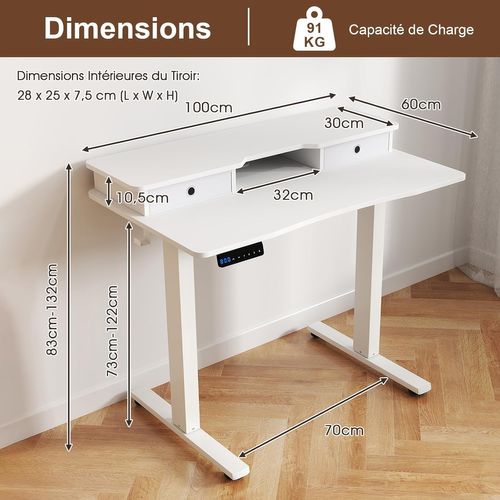 Bureau Assis-debout Electrique 100x60 Cm,avec 2 Tiroirs,réglable En Hauteur,support D'ecran(blanc)