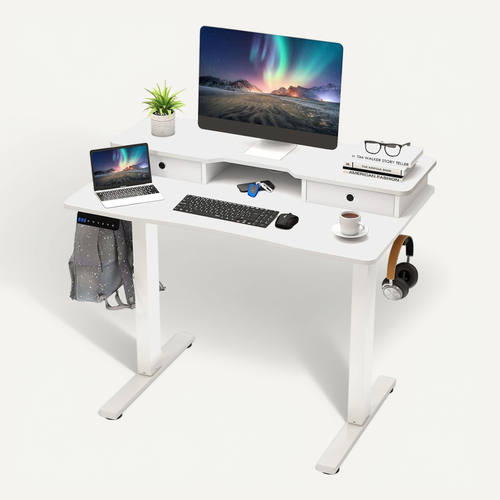 Bureau Assis-debout Electrique 100x60 Cm,avec 2 Tiroirs,réglable En Hauteur,support D'ecran(blanc)