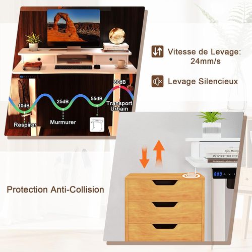 Bureau Assis-debout Electrique 100x60 Cm,avec 2 Tiroirs,réglable En Hauteur,support D'ecran(blanc)