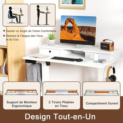 Bureau Assis-debout Electrique 100x60 Cm,avec 2 Tiroirs,réglable En Hauteur,support D'ecran(blanc)