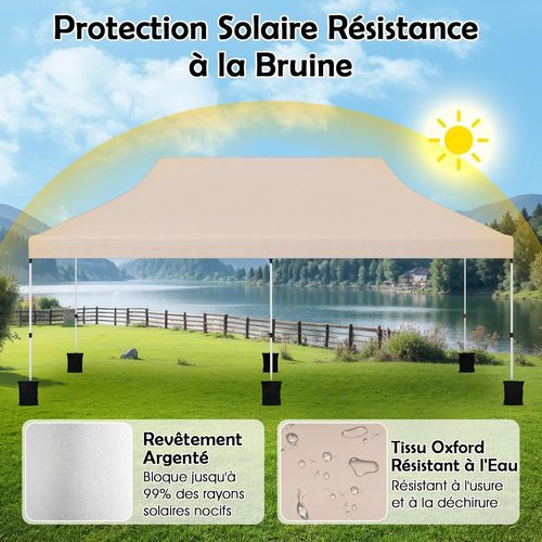 Tonnelle De Jardin Pop-up Pliable 300x600cm, Imperméable Protection Solaire 3 Hauteurs (beige)