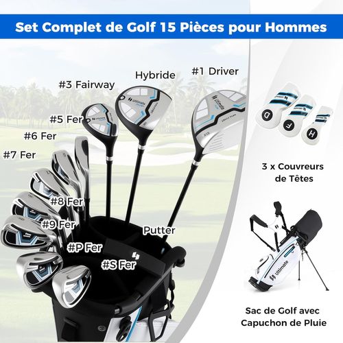Ensemble Club De Golf Portable, Sac Trépied Avec Driver 460cc #1, Bois #3 Hybride Fers