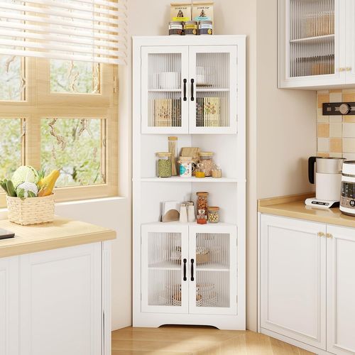 Armoire D'angle 171 Cm, Buffet Triangulaire Gain De Place Avec 4 Portes En Verre Trempé,blanc