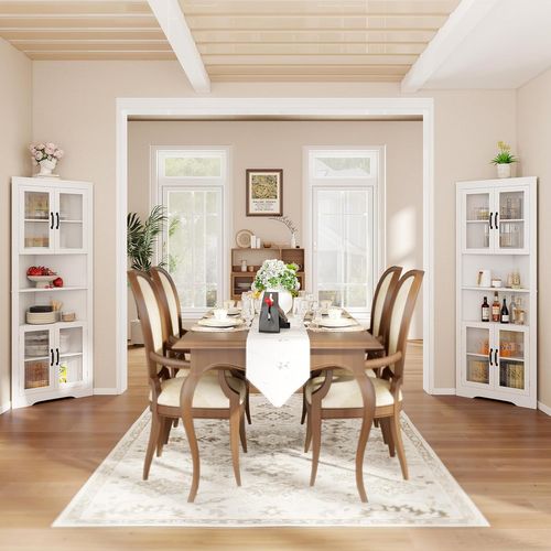 Armoire D'angle 171 Cm, Buffet Triangulaire Gain De Place Avec 4 Portes En Verre Trempé,blanc