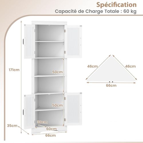 Armoire D'angle 171 Cm, Buffet Triangulaire Gain De Place Avec 4 Portes En Verre Trempé,blanc