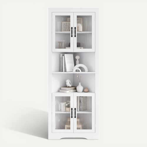 Armoire D'angle 171 Cm, Buffet Triangulaire Gain De Place Avec 4 Portes En Verre Trempé,blanc
