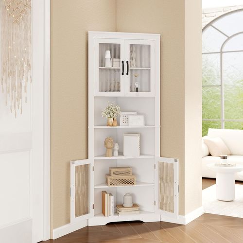 Armoire D'angle 171 Cm, Buffet Triangulaire Gain De Place Avec 4 Portes En Verre Trempé,blanc