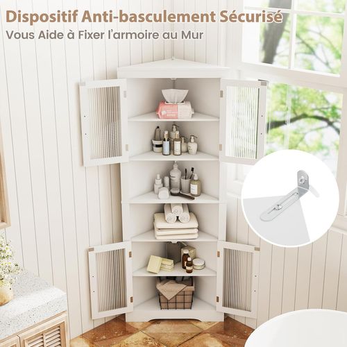 Armoire D'angle 171 Cm, Buffet Triangulaire Gain De Place Avec 4 Portes En Verre Trempé,blanc