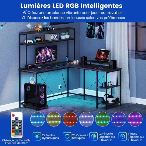 Bureau Gaming Informatique LED 120x50 Cm - Avec Multiprise Intégrée, Tablette, Pieds Métal
