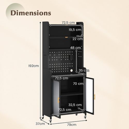 Armoire Cuisine, Meuble Bar En Métal 192 Cm, Grand Plan De Travail, Étagère Réglable,buffet, Noir
