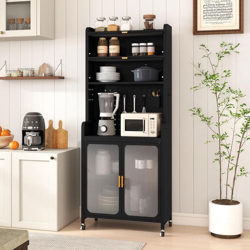 Armoire Cuisine, Meuble Bar En Métal 192 Cm, Grand Plan De Travail, Étagère Réglable,buffet, Noir