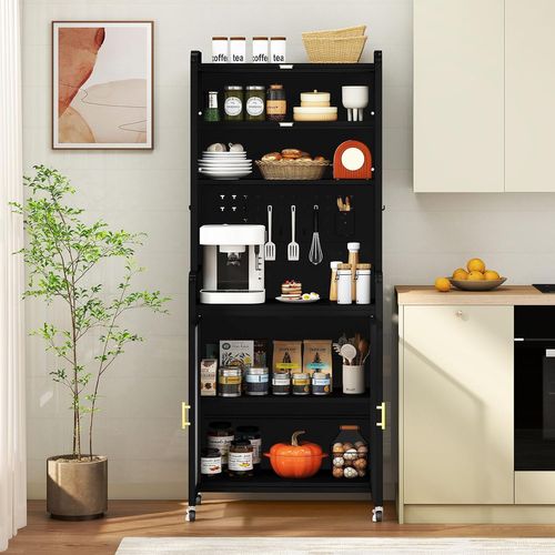 Armoire Cuisine, Meuble Bar En Métal 192 Cm, Grand Plan De Travail, Étagère Réglable,buffet, Noir