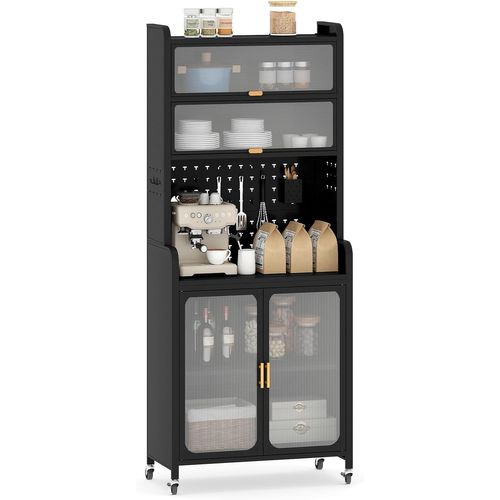Armoire Cuisine, Meuble Bar En Métal 192 Cm, Grand Plan De Travail, Étagère Réglable,buffet, Noir