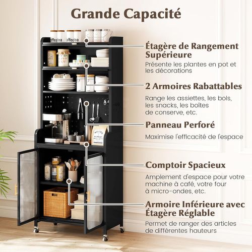 Armoire Cuisine, Meuble Bar En Métal 192 Cm, Grand Plan De Travail, Étagère Réglable,buffet, Noir