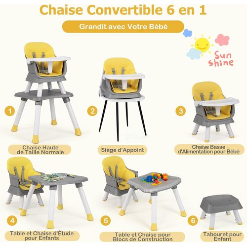 6 En 1 Chaise Haute Bébé Evolutive Avec Plateau Amovible, Chaise D'alimentation,charge 25kg(jaune)