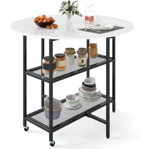 Table Pliante Cuisine Ronde, Table à Manger Extensible Sur Roulettes Pour 2-4 Personnes (blanc)