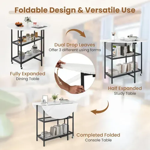 Table Pliante Cuisine Ronde, Table à Manger Extensible Sur Roulettes Pour 2-4 Personnes (blanc)