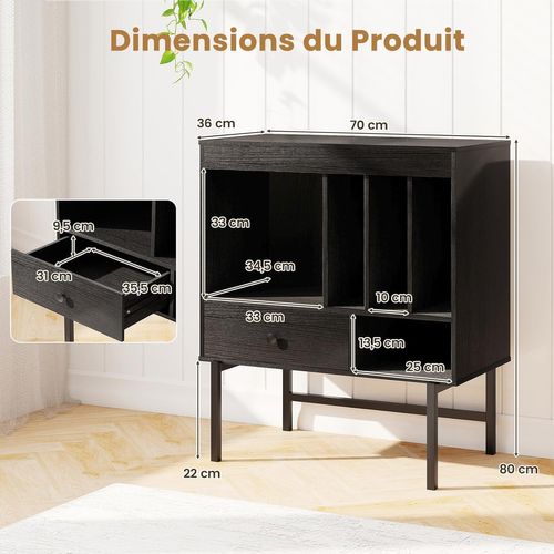Meuble Disque Vinyle Avec Tiroir, Rangement Platine Vinyle 5 Compartiments, Bout De Canape (noir)