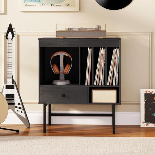 Meuble Disque Vinyle Avec Tiroir, Rangement Platine Vinyle 5 Compartiments, Bout De Canape (noir)