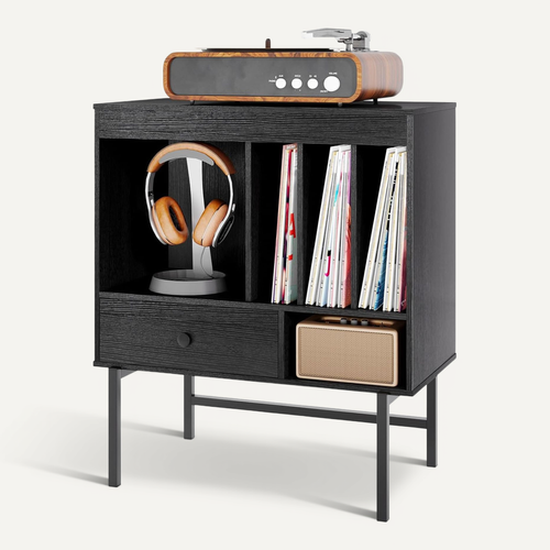 Meuble Disque Vinyle Avec Tiroir, Rangement Platine Vinyle 5 Compartiments, Bout De Canape (noir)