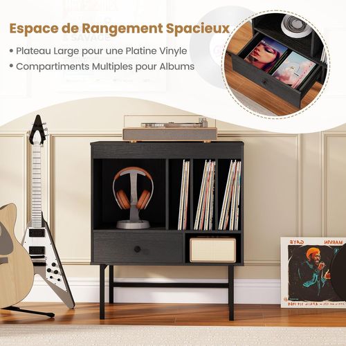Meuble Disque Vinyle Avec Tiroir, Rangement Platine Vinyle 5 Compartiments, Bout De Canape (noir)