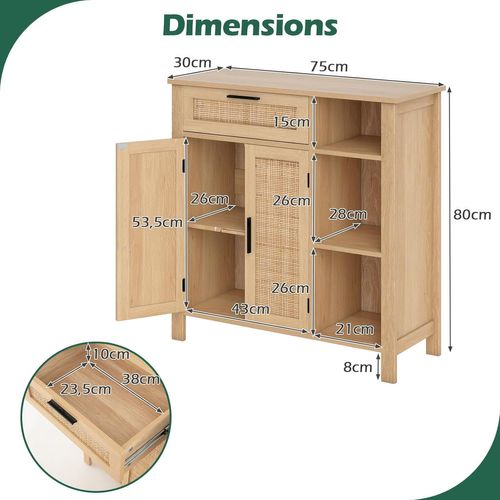Buffet Cuisine Rotin Avec Tiroir, Meuble Cannage Bohème Avec Portes En Rotin Tressé,étagère Réglable