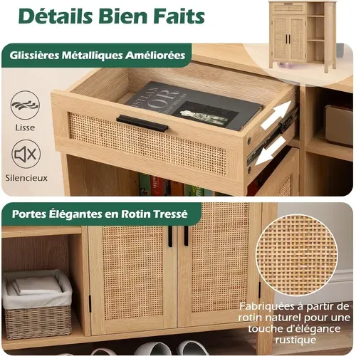 Buffet Cuisine Rotin Avec Tiroir, Meuble Cannage Bohème Avec Portes En Rotin Tressé,étagère Réglable