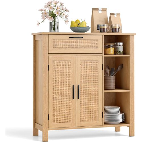 Buffet Cuisine Rotin Avec Tiroir, Meuble Cannage Bohème Avec Portes En Rotin Tressé,étagère Réglable